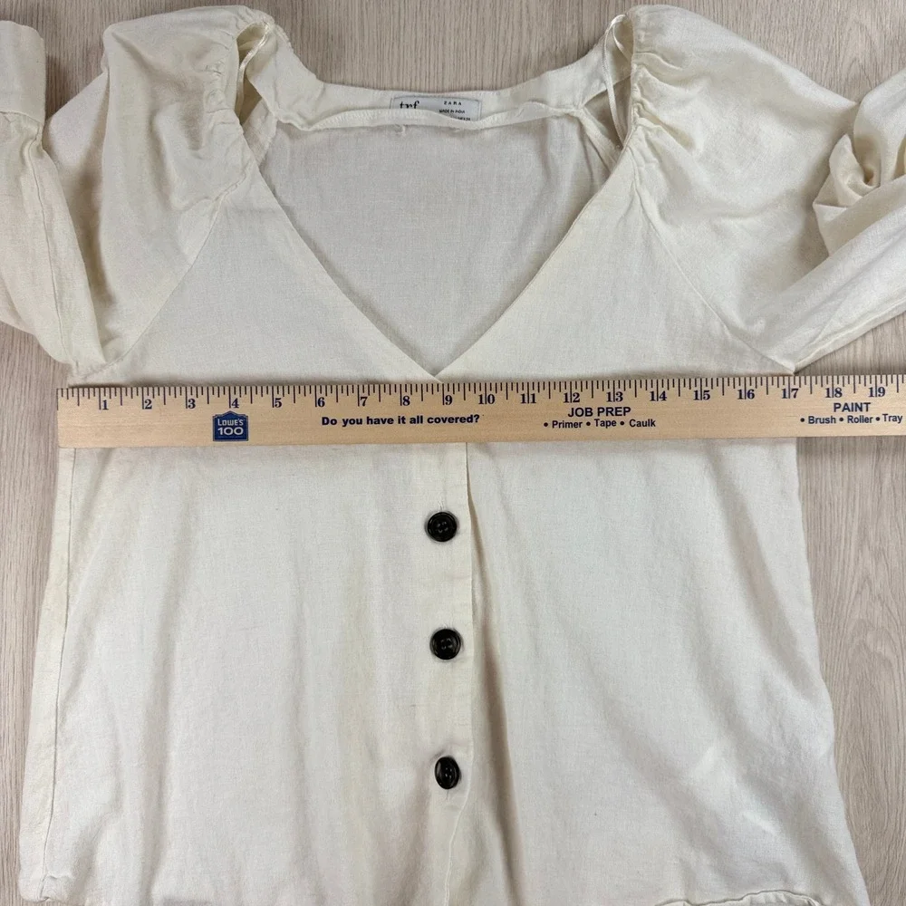 Blouse Zara Womens Medium Cream Cotton Linen Puff Sleeve V-Neck Button Front